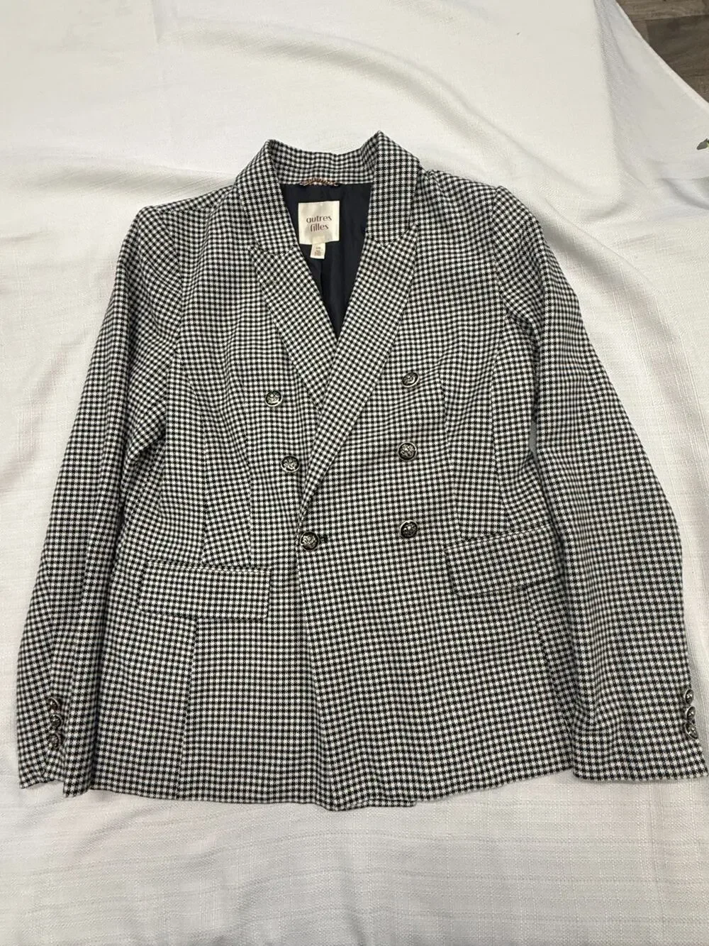 Autres Filles Womens Large Double Breasted Blazer Black White Houndstooth Jacket